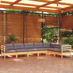   7 részes tömör fenyőfa kerti ülőgarnitúra szürke párnákkal