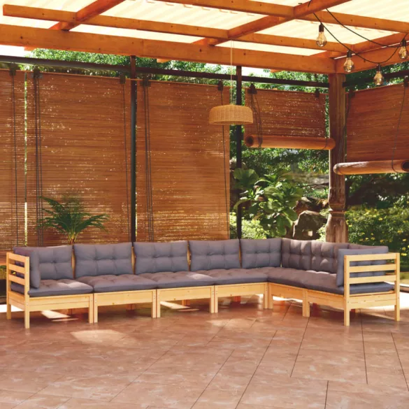 7 részes tömör fenyőfa kerti ülőgarnitúra szürke párnákkal