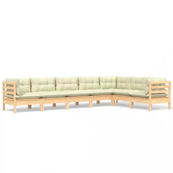 7 részes tömör fenyőfa kerti bútorgarnitúra krémszínű párnával