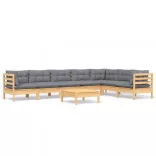 8 részes tömör fenyőfa kerti ülőgarnitúra szürke párnákkal