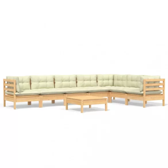 8 részes tömör fenyőfa kerti bútorgarnitúra krémszínű párnával