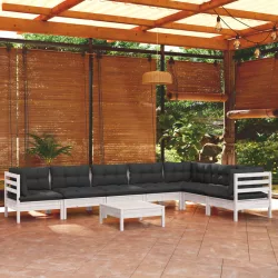   8 részes fehér tömör fenyőfa kerti ülőgarnitúra párnákkal