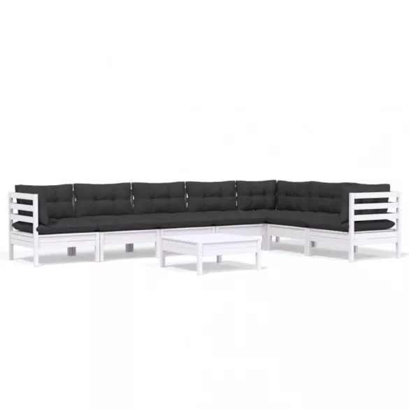 8 részes fehér tömör fenyőfa kerti ülőgarnitúra párnákkal