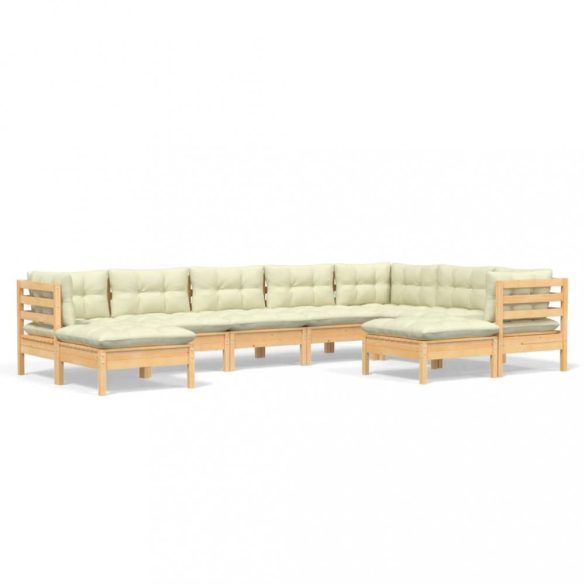 9 részes tömör fenyőfa kerti ülőgarnitúra krémszínű párnákkal