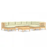 10 részes tömör fenyőfa kerti ülőgarnitúra krémszínű párnákkal