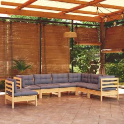   7 részes tömör fenyőfa kerti ülőgarnitúra szürke párnákkal