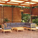 8 részes tömör fenyőfa kerti ülőgarnitúra szürke párnákkal