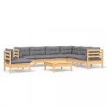 8 részes tömör fenyőfa kerti ülőgarnitúra szürke párnákkal