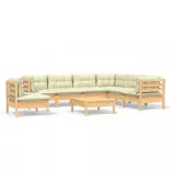 8 részes tömör fenyőfa kerti bútorgarnitúra krémszínű párnával