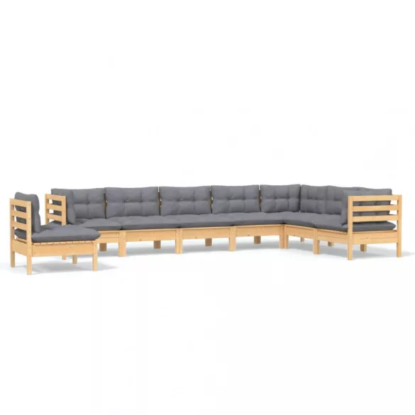 8 részes tömör fenyőfa kerti ülőgarnitúra szürke párnákkal