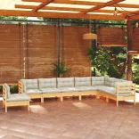 8 részes tömör fenyőfa kerti ülőgarnitúra krémszínű párnákkal