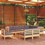 9 részes tömör fenyőfa kerti ülőgarnitúra szürke párnákkal