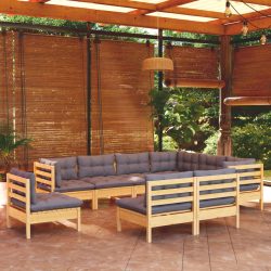   9 részes tömör fenyőfa kerti ülőgarnitúra szürke párnákkal