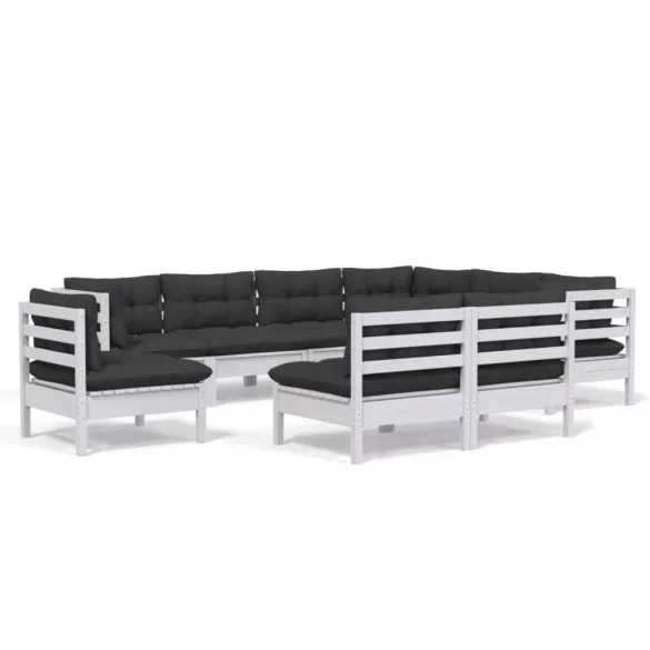 9 részes fehér tömör fenyőfa kerti ülőgarnitúra párnákkal