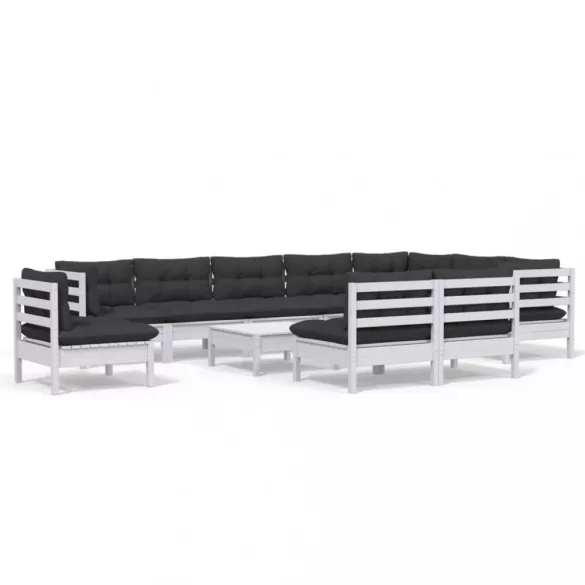 11 részes fehér tömör fenyőfa kerti ülőgarnitúra párnákkal