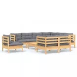 10 részes tömör fenyőfa kerti ülőgarnitúra szürke párnákkal