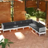 8 részes fehér tömör fenyőfa kerti ülőgarnitúra párnákkal