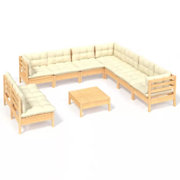 10 részes tömör fenyőfa kerti ülőgarnitúra krémszínű párnákkal