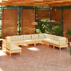   10 darabos tömör fenyőfa kerti ülőgarnitúra krémszínű párnákkal
