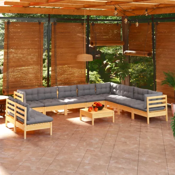 11 részes tömör fenyőfa kerti ülőgarnitúra szürke párnákkal