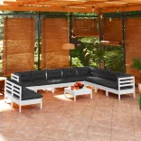 11 részes fehér tömör fenyőfa kerti ülőgarnitúra párnákkal