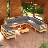 10 részes tömör fenyőfa kerti ülőgarnitúra szürke párnákkal