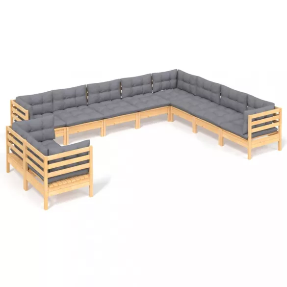 10 részes tömör fenyőfa kerti ülőgarnitúra szürke párnákkal