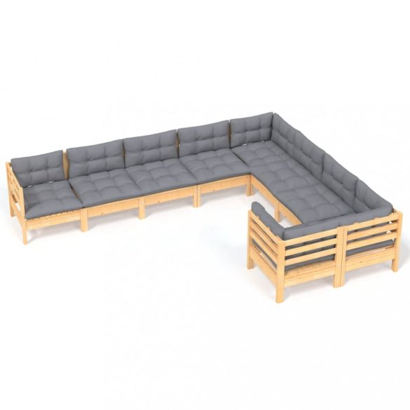 9 részes fenyőfa kerti ülőgarnitúra szürke párnákkal