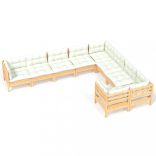 9 részes fenyőfa kerti ülőgarnitúra krémszínű párnákkal