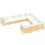 10 részes fenyőfa kerti ülőgarnitúra krémszínű párnákkal