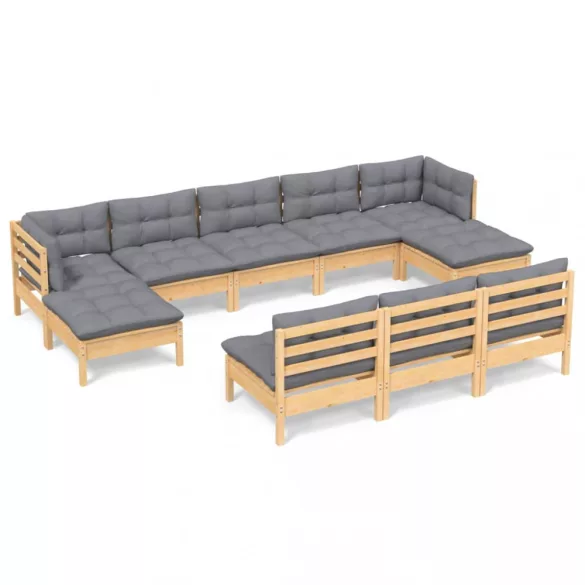 10 részes fenyőfa kerti ülőgarnitúra szürke párnákkal