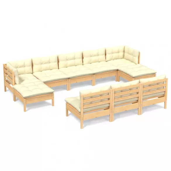 10 részes fenyőfa kerti ülőgarnitúra krémszínű párnákkal