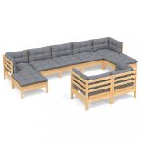 9 részes tömör fenyőfa kerti ülőgarnitúra szürke párnákkal