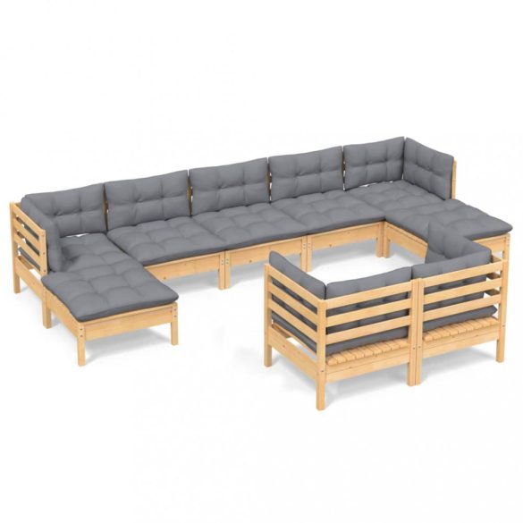 9 részes tömör fenyőfa kerti ülőgarnitúra szürke párnákkal