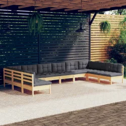   10 részes tömör fenyőfa kerti ülőgarnitúra szürke párnákkal