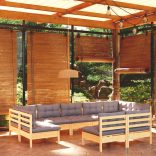 9 részes tömör fenyőfa kerti ülőgarnitúra szürke párnákkal