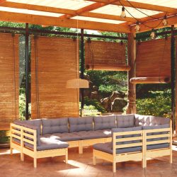   9 részes tömör fenyőfa kerti ülőgarnitúra szürke párnákkal