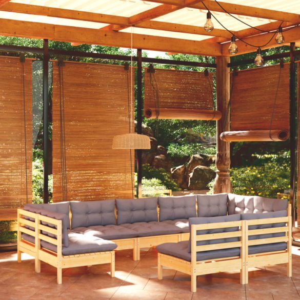 9 részes tömör fenyőfa kerti ülőgarnitúra szürke párnákkal