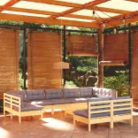 10 részes tömör fenyőfa kerti ülőgarnitúra szürke párnákkal