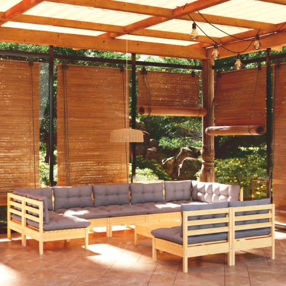 10 részes tömör fenyőfa kerti ülőgarnitúra szürke párnákkal