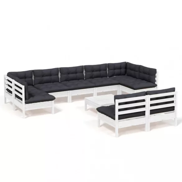 10 részes fehér tömör fenyőfa kerti ülőgarnitúra párnákkal