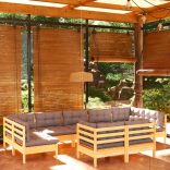 9 részes tömör fenyőfa kerti ülőgarnitúra szürke párnákkal