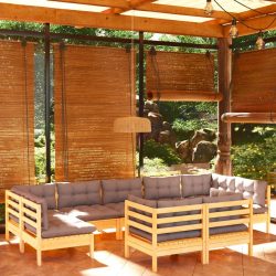   9 részes tömör fenyőfa kerti ülőgarnitúra szürke párnákkal