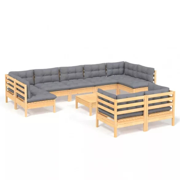 10 részes tömör fenyőfa kerti ülőgarnitúra szürke párnákkal