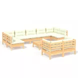 10 részes tömör fenyőfa kerti ülőgarnitúra krémszínű párnákkal