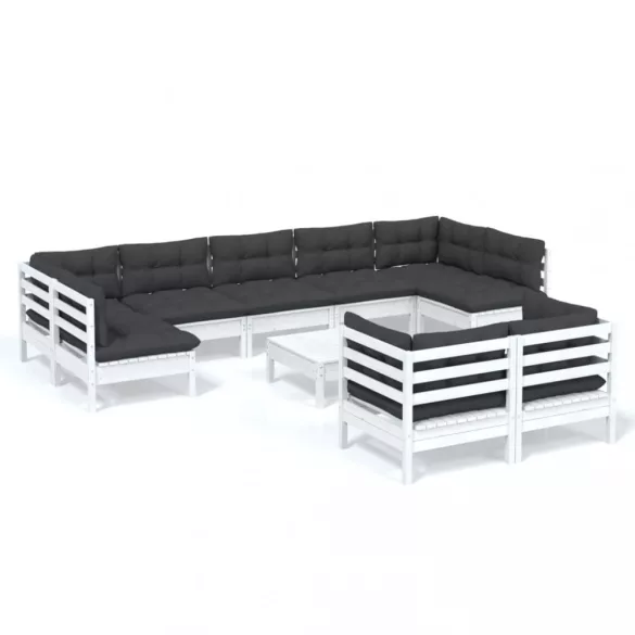 10 részes fehér tömör fenyőfa kerti ülőgarnitúra párnákkal