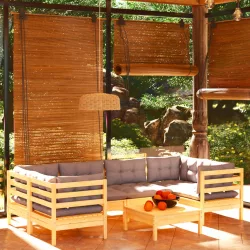 7 részes fenyőfa kerti ülőgarnitúra szürke párnákkal