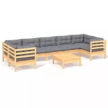 8 részes fenyőfa kerti ülőgarnitúra szürke párnákkal