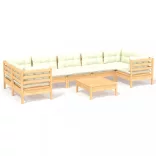 8 részes fenyőfa kerti bútorgarnitúra krémszínű párnákkal