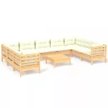 10 részes fenyőfa kerti ülőgarnitúra krémszínű párnákkal